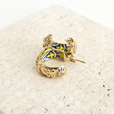 GOLD Large Hoop BLUE Yellow Tile STEEL Earring Azulejo Inlay Portuguese Blue Tile Hoop Sun Moon Stars Gold Etched Hoop Women Gift 2cm|0.78''