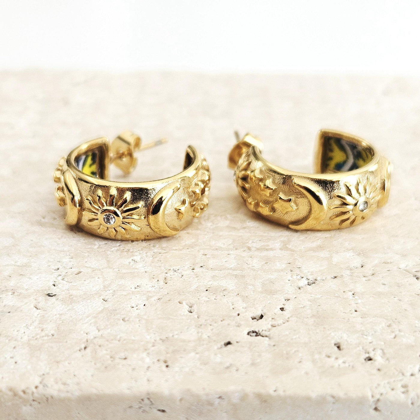 GOLD Large Hoop BLUE Yellow Tile STEEL Earring Azulejo Inlay Portuguese Blue Tile Hoop Sun Moon Stars Gold Etched Hoop Women Gift 2cm|0.78''