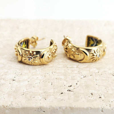 GOLD Large Hoop BLUE Yellow Tile STEEL Earring Azulejo Inlay Portuguese Blue Tile Hoop Sun Moon Stars Gold Etched Hoop Women Gift 2cm|0.78''