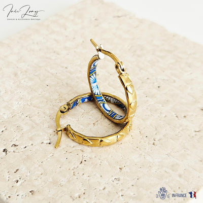 GOLD Etched Heart Hoop Earring Yellow Blue Inlay Tile Hoop Portuguese Tile Jewelry Anniversary Birthday Woman Gift Stainless Steel 22mm|0.9"