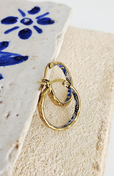 GOLD Etched Heart Hoop Earring Yellow Blue Inlay Tile Hoop Portuguese Tile Jewelry Anniversary Birthday Woman Gift Stainless Steel 22mm|0.9"
