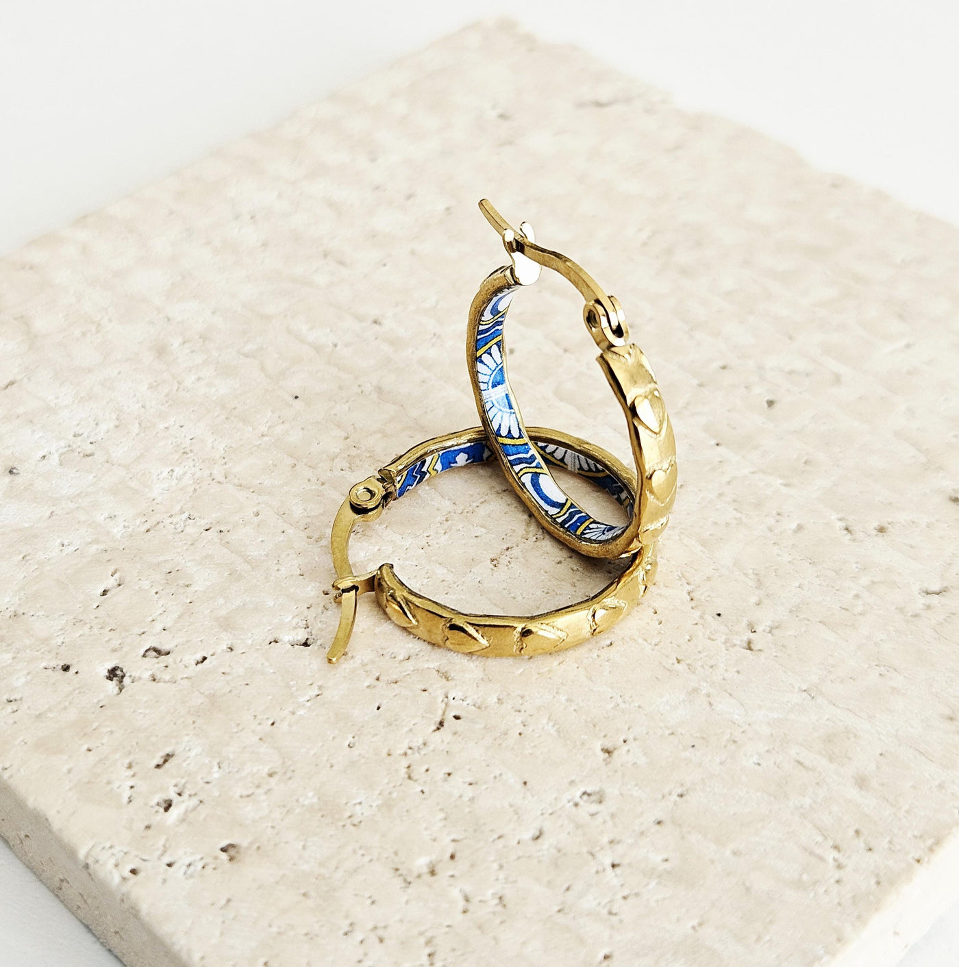 GOLD Etched Heart Hoop Earring Yellow Blue Inlay Tile Hoop Portuguese Tile Jewelry Anniversary Birthday Woman Gift Stainless Steel 22mm|0.9"