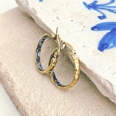 GOLD Etched Heart Hoop Earring Yellow Blue Inlay Tile Hoop Portuguese Tile Jewelry Anniversary Birthday Woman Gift Stainless Steel 22mm|0.9"