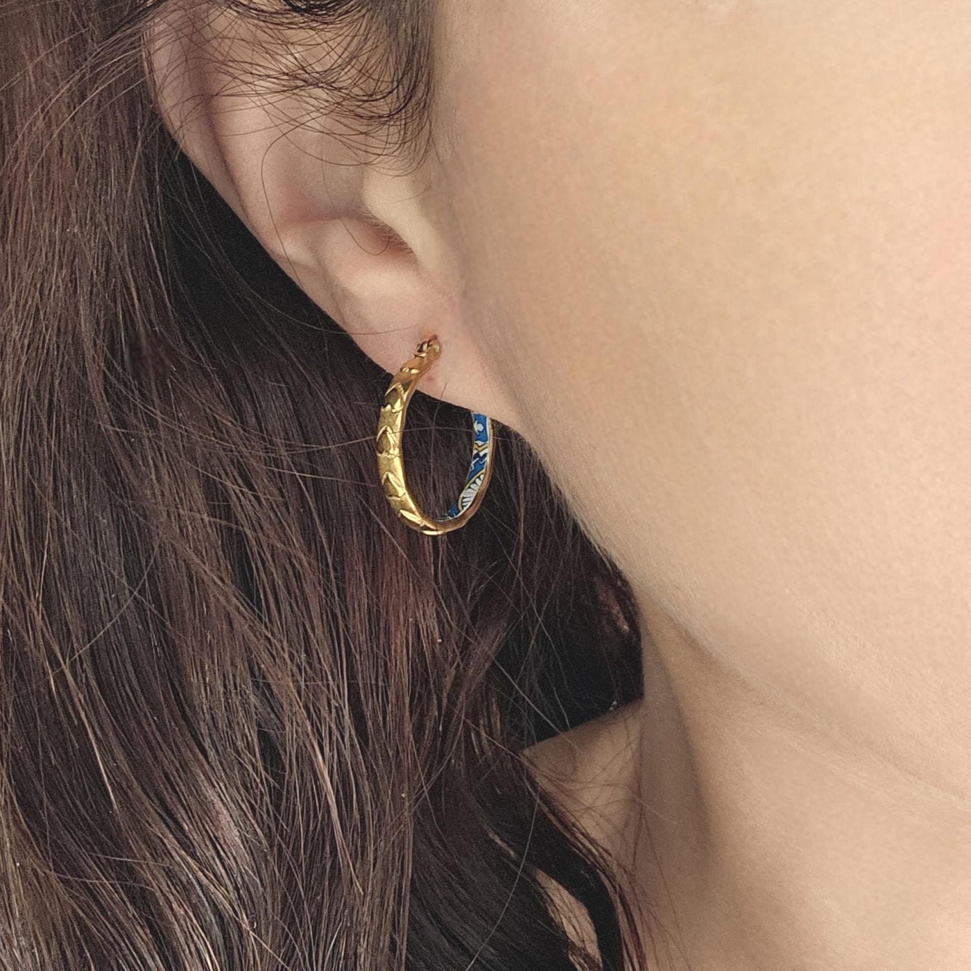 GOLD Etched Heart Hoop Earring Yellow Blue Inlay Tile Hoop Portuguese Tile Jewelry Anniversary Birthday Woman Gift Stainless Steel 22mm|0.9"