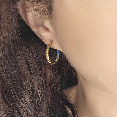 GOLD Etched Heart Hoop Earring Yellow Blue Inlay Tile Hoop Portuguese Tile Jewelry Anniversary Birthday Woman Gift Stainless Steel 22mm|0.9"