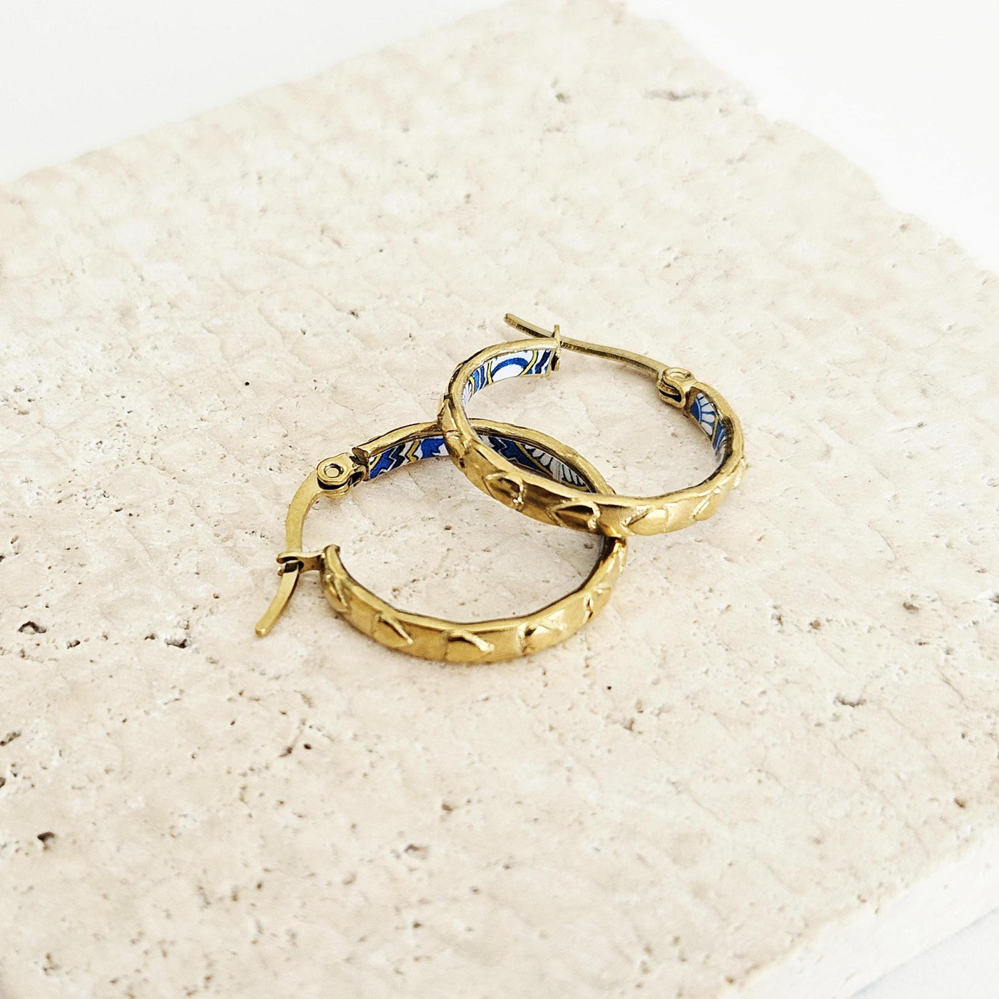 GOLD Etched Heart Hoop Earring Yellow Blue Inlay Tile Hoop Portuguese Tile Jewelry Anniversary Birthday Woman Gift Stainless Steel 22mm|0.9"