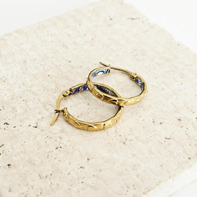 GOLD Etched Heart Hoop Earring Yellow Blue Inlay Tile Hoop Portuguese Tile Jewelry Anniversary Birthday Woman Gift Stainless Steel 22mm|0.9"