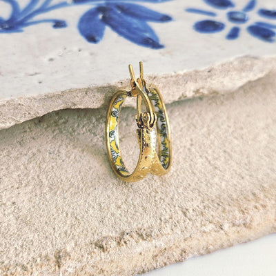 GOLD Etched Dot Hoop Earring Yellow Blue Inlay Tile Hoop Portuguese Tile Jewelry Anniversary Birthday Woman Gift Stainless Steel 22mm|0.9"