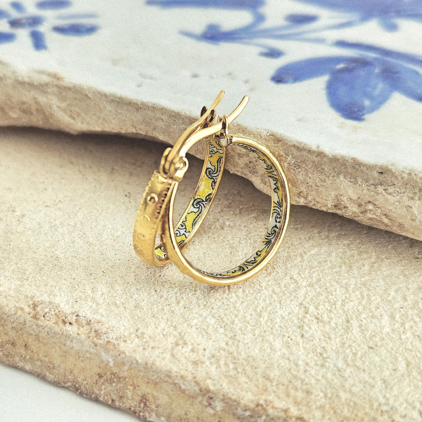 GOLD Etched Dot Hoop Earring Yellow Blue Inlay Tile Hoop Portuguese Tile Jewelry Anniversary Birthday Woman Gift Stainless Steel 22mm|0.9"