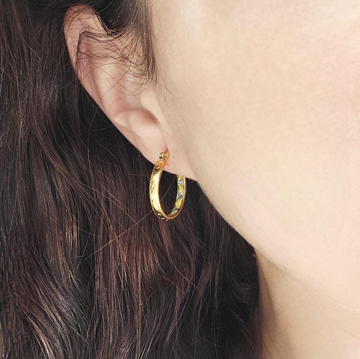 GOLD Etched Dot Hoop Earring Yellow Blue Inlay Tile Hoop Portuguese Tile Jewelry Anniversary Birthday Woman Gift Stainless Steel 22mm|0.9"