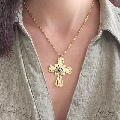GOLD Filigree CROSS Necklace Portuguese Stainless Steel Caramujo Pendant Portugal Jewelry Gold Christian Blue Pendant Wife Necklace Gift