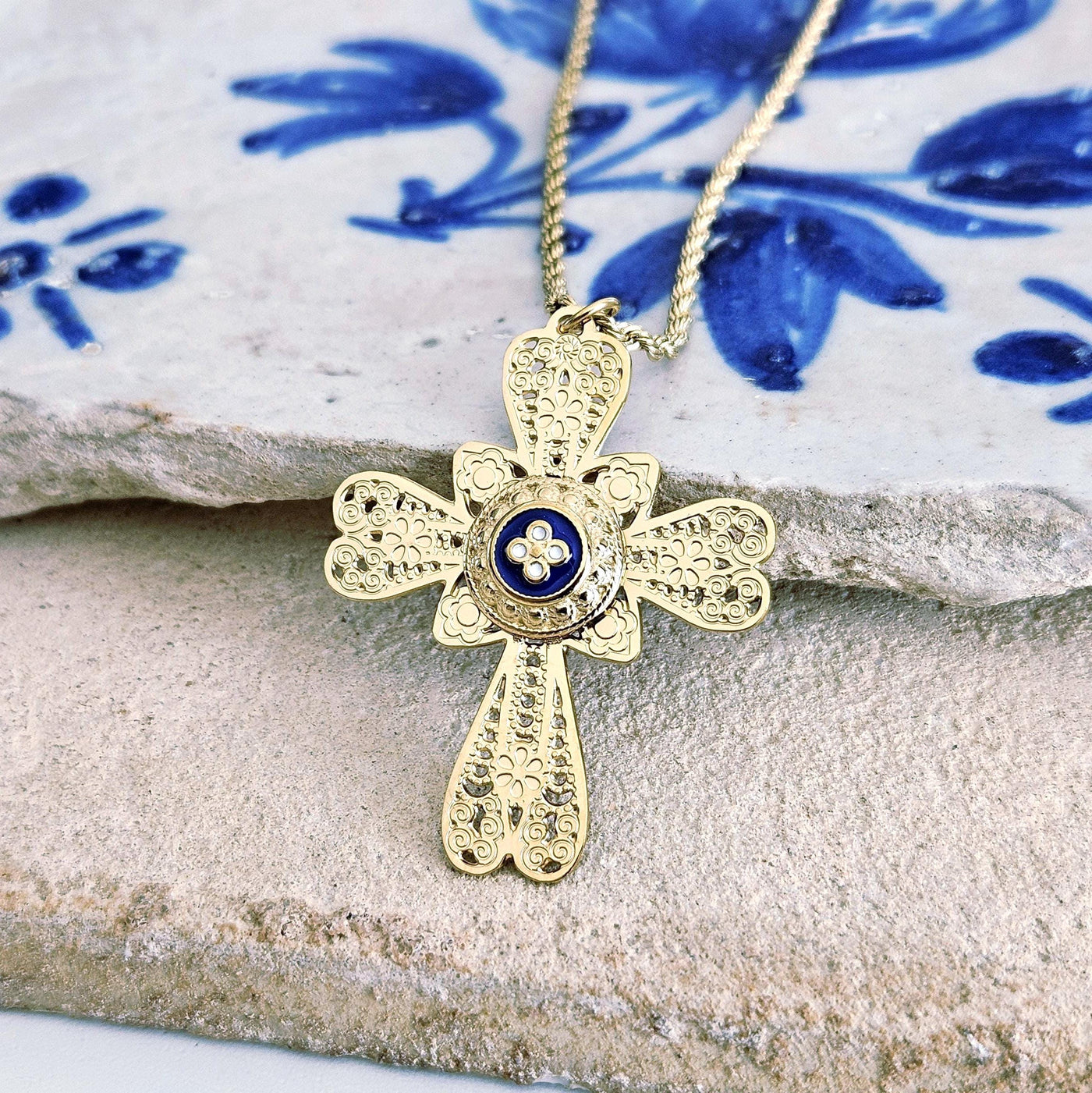 GOLD Filigree CROSS Necklace Portuguese Stainless Steel Caramujo Pendant Portugal Jewelry Gold Christian Blue Pendant Wife Necklace Gift