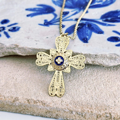 GOLD Filigree CROSS Necklace Portuguese Stainless Steel Caramujo Pendant Portugal Jewelry Gold Christian Blue Pendant Wife Necklace Gift