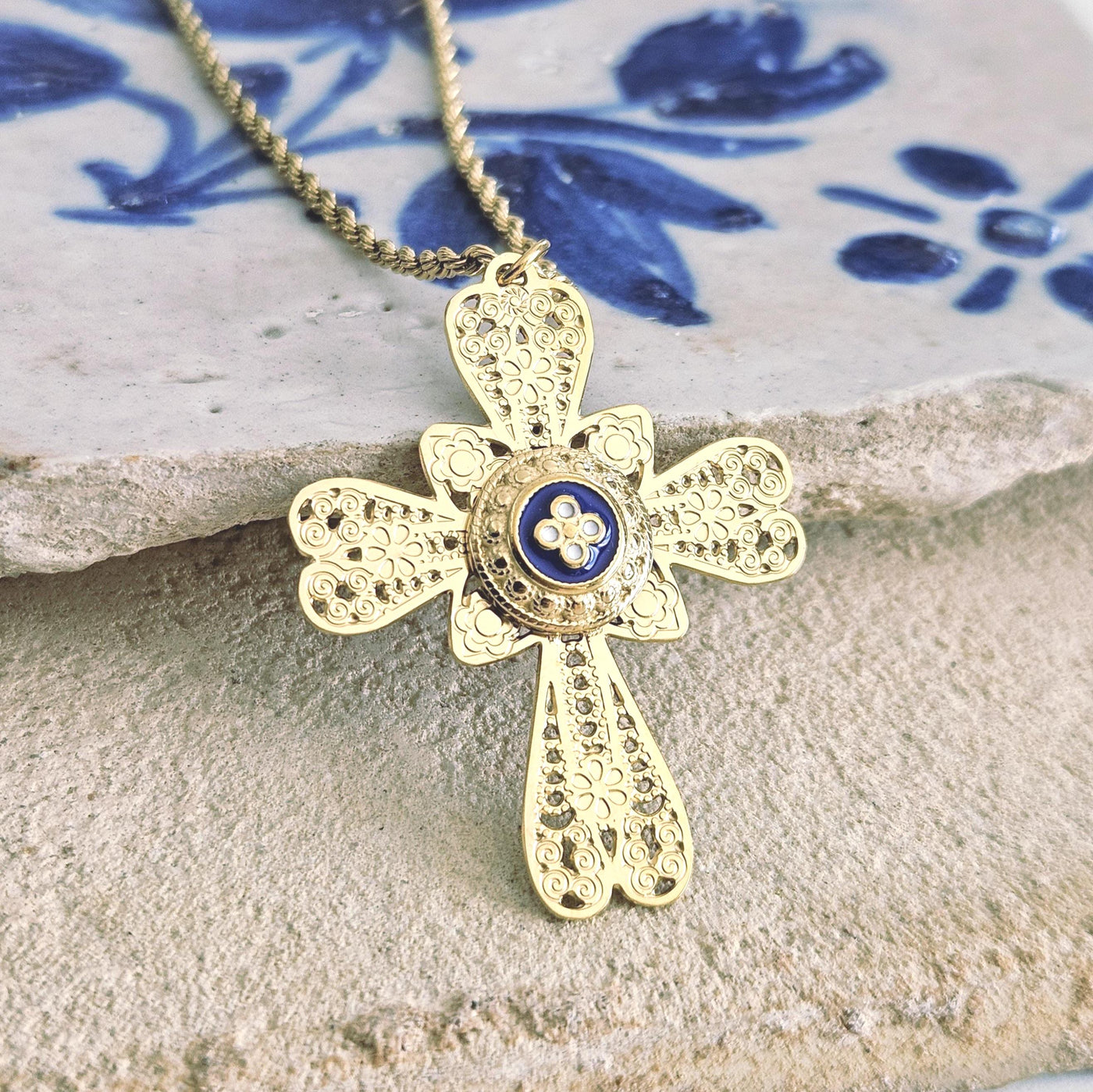 GOLD Filigree CROSS Necklace Portuguese Stainless Steel Caramujo Pendant Portugal Jewelry Gold Christian Blue Pendant Wife Necklace Gift