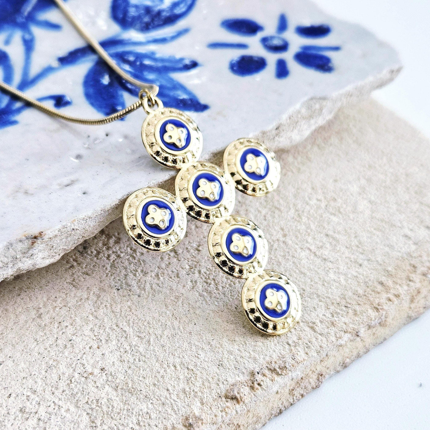 GOLD Caramujo CROSS Necklace Portuguese Stainless Steel Small Discs Pendant Portugal Jewelry Gold Christian Blue Pendant Wife Necklace Gift