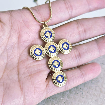 GOLD Caramujo CROSS Necklace Portuguese Stainless Steel Small Discs Pendant Portugal Jewelry Gold Christian Blue Pendant Wife Necklace Gift
