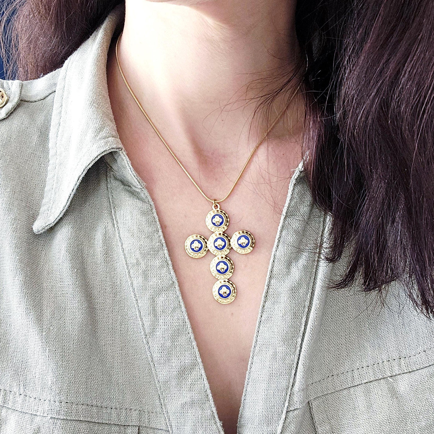 GOLD Caramujo CROSS Necklace Portuguese Stainless Steel Small Discs Pendant Portugal Jewelry Gold Christian Blue Pendant Wife Necklace Gift