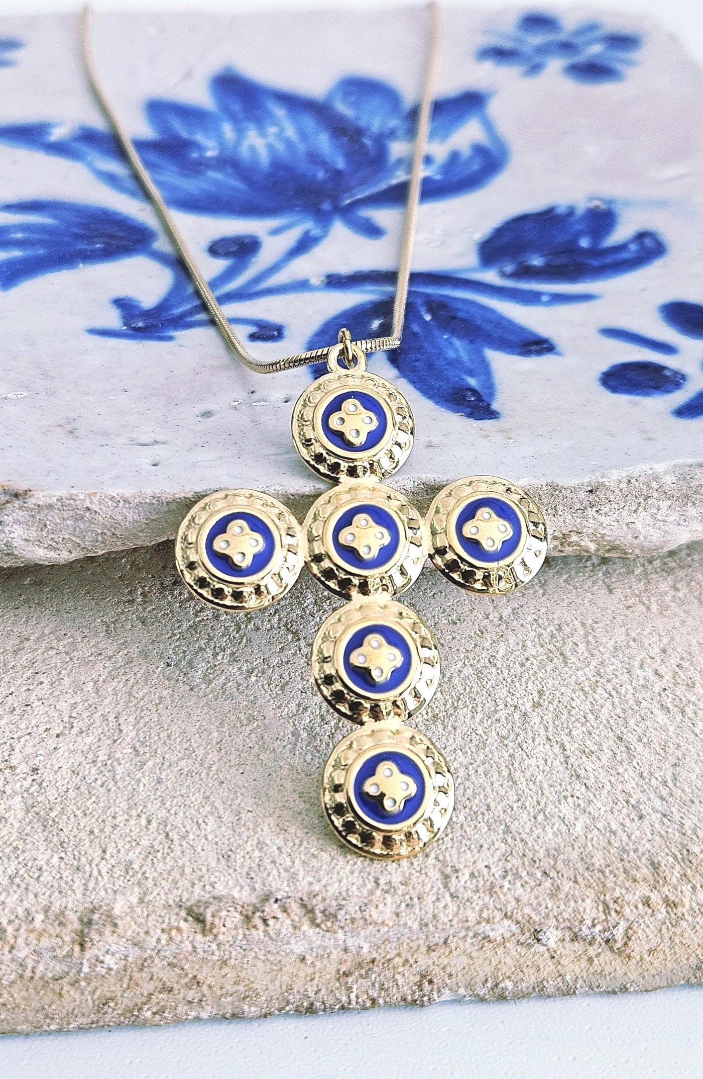GOLD Caramujo CROSS Necklace Portuguese Stainless Steel Small Discs Pendant Portugal Jewelry Gold Christian Blue Pendant Wife Necklace Gift