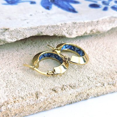 GOLD Disc Hoop BLUE Tile STEEL Earring Azulejo Inlay Portuguese Traditional Tile Hoop Anniversary Woman Handmade Blue White Jewelry Gift