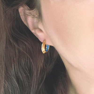 GOLD Disc Hoop BLUE Tile STEEL Earring Azulejo Inlay Portuguese Traditional Tile Hoop Anniversary Woman Handmade Blue White Jewelry Gift