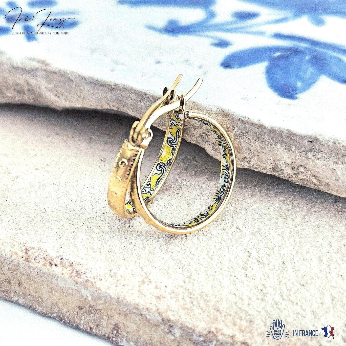 GOLD Etched Dot Hoop Earring Yellow Blue Inlay Tile Hoop Portuguese Tile Jewelry Anniversary Birthday Woman Gift Stainless Steel 22mm|0.9"