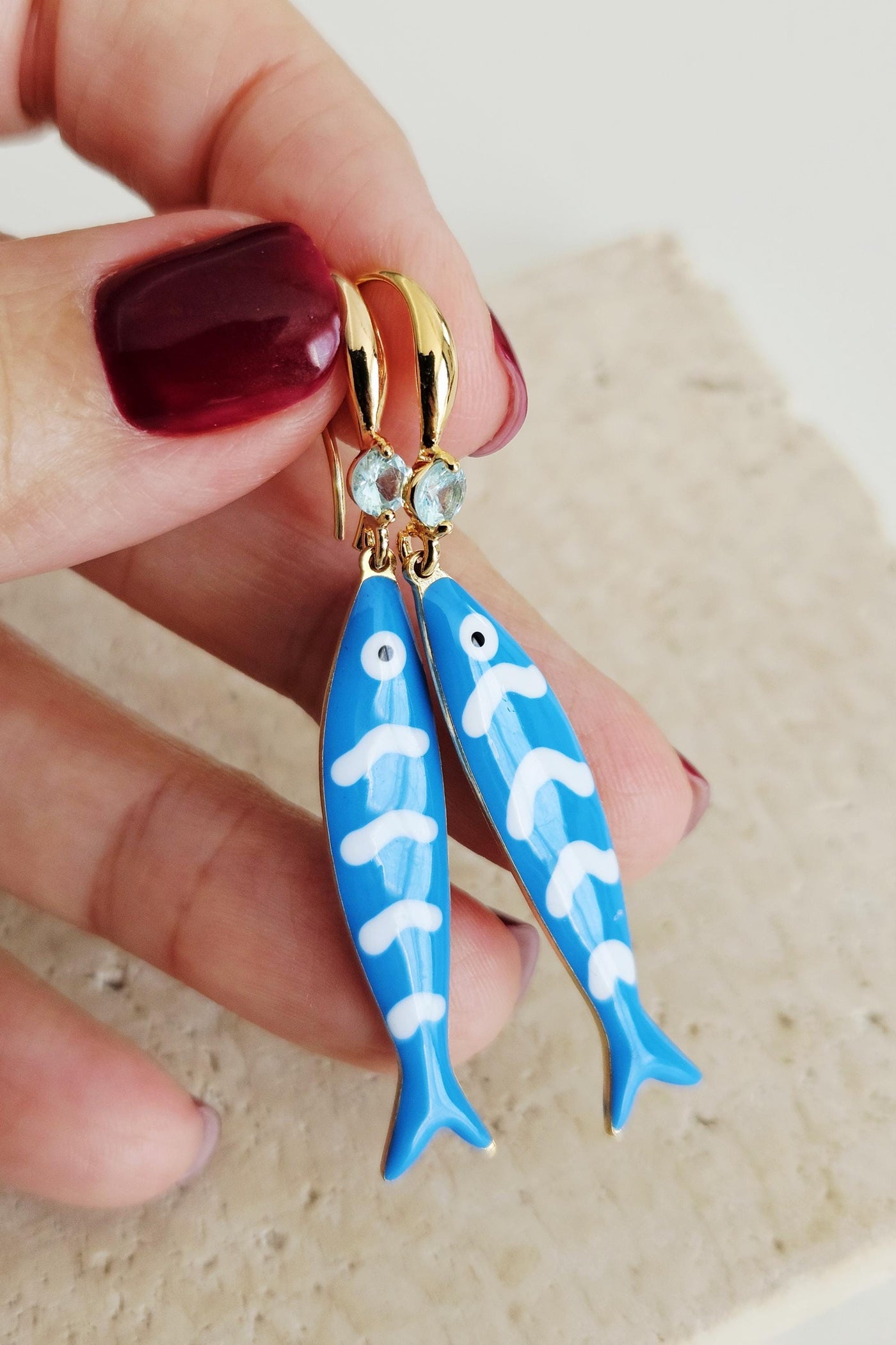 Portuguese Sardine Earring Blue White Stripe Sardine Earrings 925 Sterling Gold Drop Earring Sardine Enamel Earring Gift From Portugal