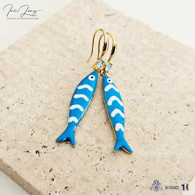 Portuguese Sardine Earring Blue White Stripe Sardine Earrings 925 Sterling Gold Drop Earring Sardine Enamel Earring Gift From Portugal