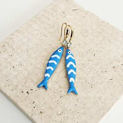 Portuguese Sardine Earring Blue White Stripe Sardine Earrings 925 Sterling Gold Drop Earring Sardine Enamel Earring Gift From Portugal