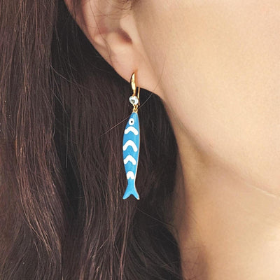 Portuguese Sardine Earring Blue White Stripe Sardine Earrings 925 Sterling Gold Drop Earring Sardine Enamel Earring Gift From Portugal