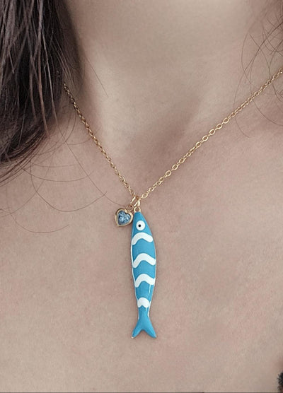 Portuguese Sardine Necklace Fish Blue White Stripe Enamel Pendant Gold Sea Animal Long Fish Sardine Jewelry Gift Portugal Souvenir Gift