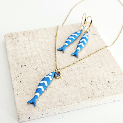 Portuguese Sardine Necklace Fish Blue White Stripe Enamel Pendant Gold Sea Animal Long Fish Sardine Jewelry Gift Portugal Souvenir Gift