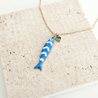 Portuguese Sardine Necklace Fish Blue White Stripe Enamel Pendant Gold Sea Animal Long Fish Sardine Jewelry Gift Portugal Souvenir Gift
