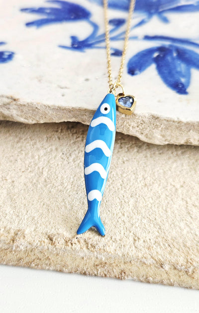 Portuguese Sardine Necklace Fish Blue White Stripe Enamel Pendant Gold Sea Animal Long Fish Sardine Jewelry Gift Portugal Souvenir Gift