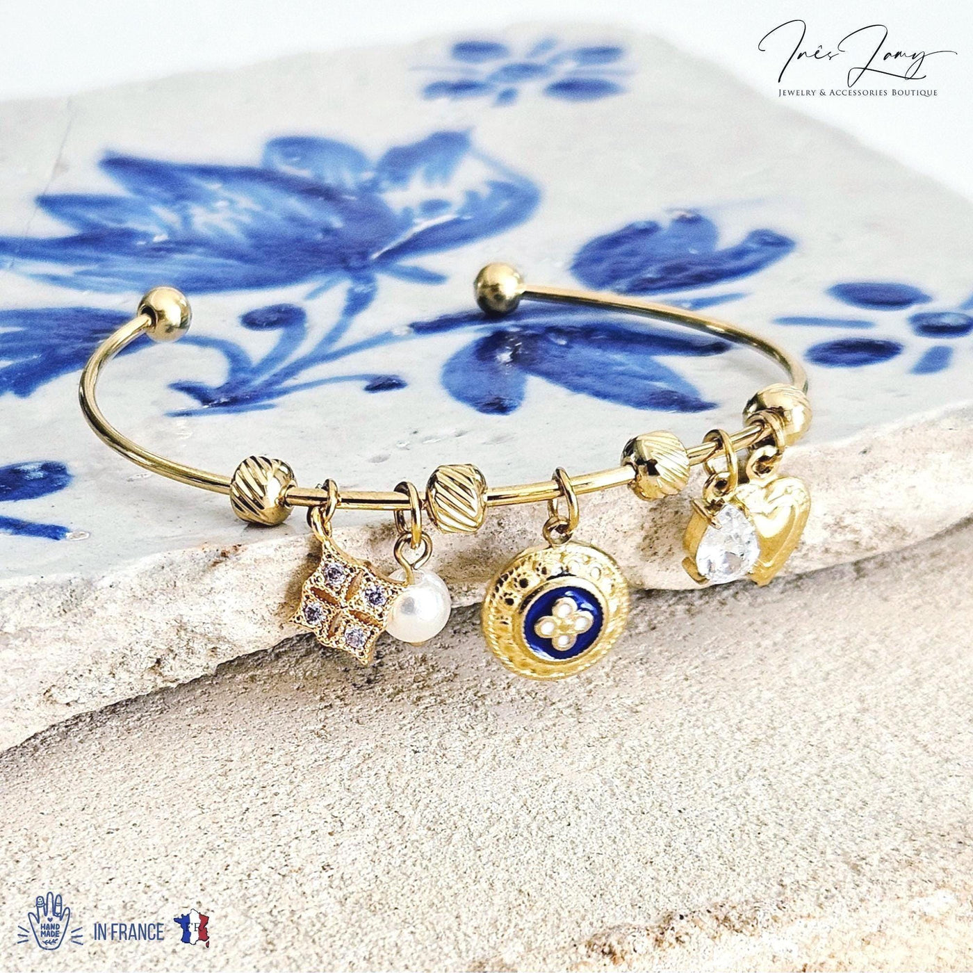 Portuguese Caramujo Charm Bangle Portugal Heart GOLD Charm Tile Bracelet Blue White Bangle Crystal Tile Thin Bangle Anniversary Woman Gift