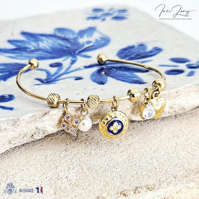 Portuguese Caramujo Charm Bangle Portugal Heart GOLD Charm Tile Bracelet Blue White Bangle Crystal Tile Thin Bangle Anniversary Woman Gift