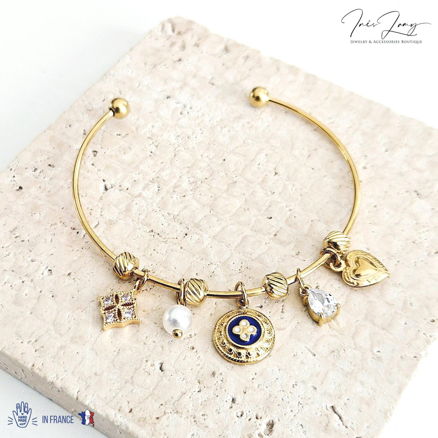 Portuguese Caramujo Charm Bangle Portugal Heart GOLD Charm Tile Bracelet Blue White Bangle Crystal Tile Thin Bangle Anniversary Woman Gift