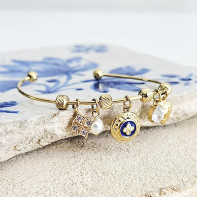 Portuguese Caramujo Charm Bangle Portugal Heart GOLD Charm Tile Bracelet Blue White Bangle Crystal Tile Thin Bangle Anniversary Woman Gift