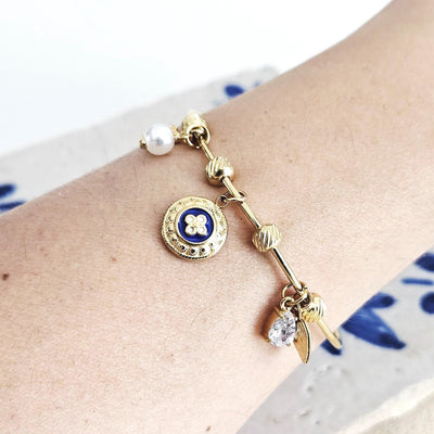 Portuguese Caramujo Charm Bangle Portugal Heart GOLD Charm Tile Bracelet Blue White Bangle Crystal Tile Thin Bangle Anniversary Woman Gift