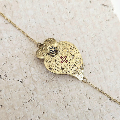 Portuguese Heart GOLD STEEL Bracelet Curved Heart of Viana Filigree Bracelet Mom Handmade Birthday Gift Dainty Adjustable Chain Bracelet