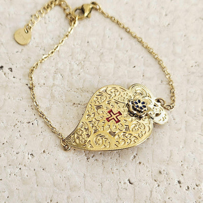 Portuguese Heart GOLD STEEL Bracelet Curved Heart of Viana Filigree Bracelet Mom Handmade Birthday Gift Dainty Adjustable Chain Bracelet