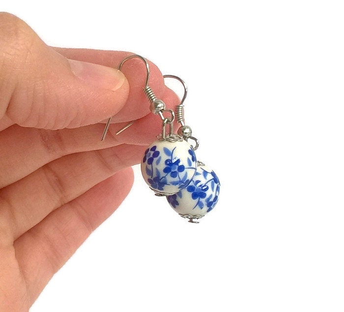 Ceramic Beads Small Drop Earring Porcelain Ceramic Globe Earrings Blue White Flower Jewelry Blue Flower Bead Earring Round Pottery Pearl