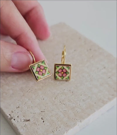 Majolica Azulejo Earring Pink Tile Gold STEEL Drop Earring Square Geometric Earring Gift Caltagirone Green Tile Earring Silver Gold