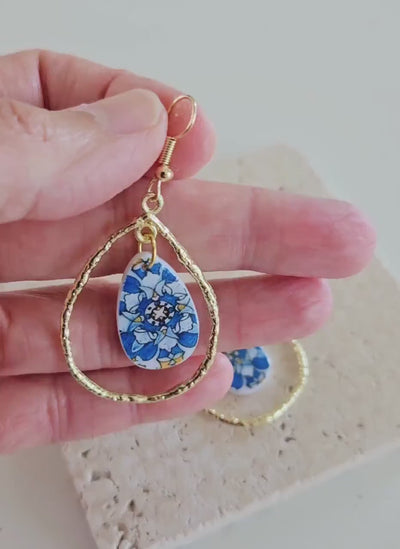 Blue Tile Gold Teardrop Mother Pearl Earring Portuguese Jewelry Porto Tile Blue Azulejo Tile Earring Travel Gift Heritage Historical Gold