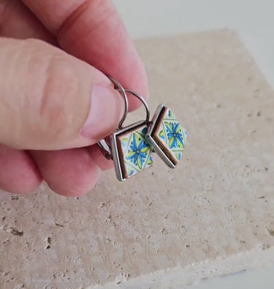 Majolica Azulejo Earring Tile Stainless STEEL Drop Earring Square Geometric Earring Gift Blue Yellow Caltagirone Tile Earring Silver Gold