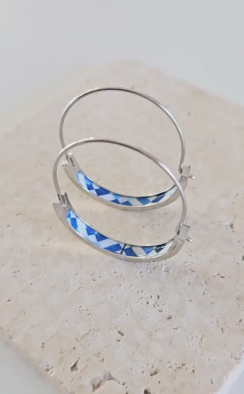 Blue Checkered 1.2'' HOOP Tile Earring Portugal Lightweight STEEL Azulejo Gold Hoop Historical Jewelry Anniversary Gift Women Portuguese Mom