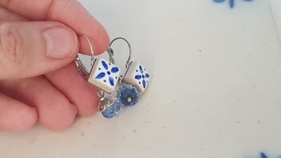 Ceramic Tile Hand Painted Earrings Portuguese Blue White Azulejo Earring Square Real Stone Earrings Stainless Steel Clear Blue Crystal Tile