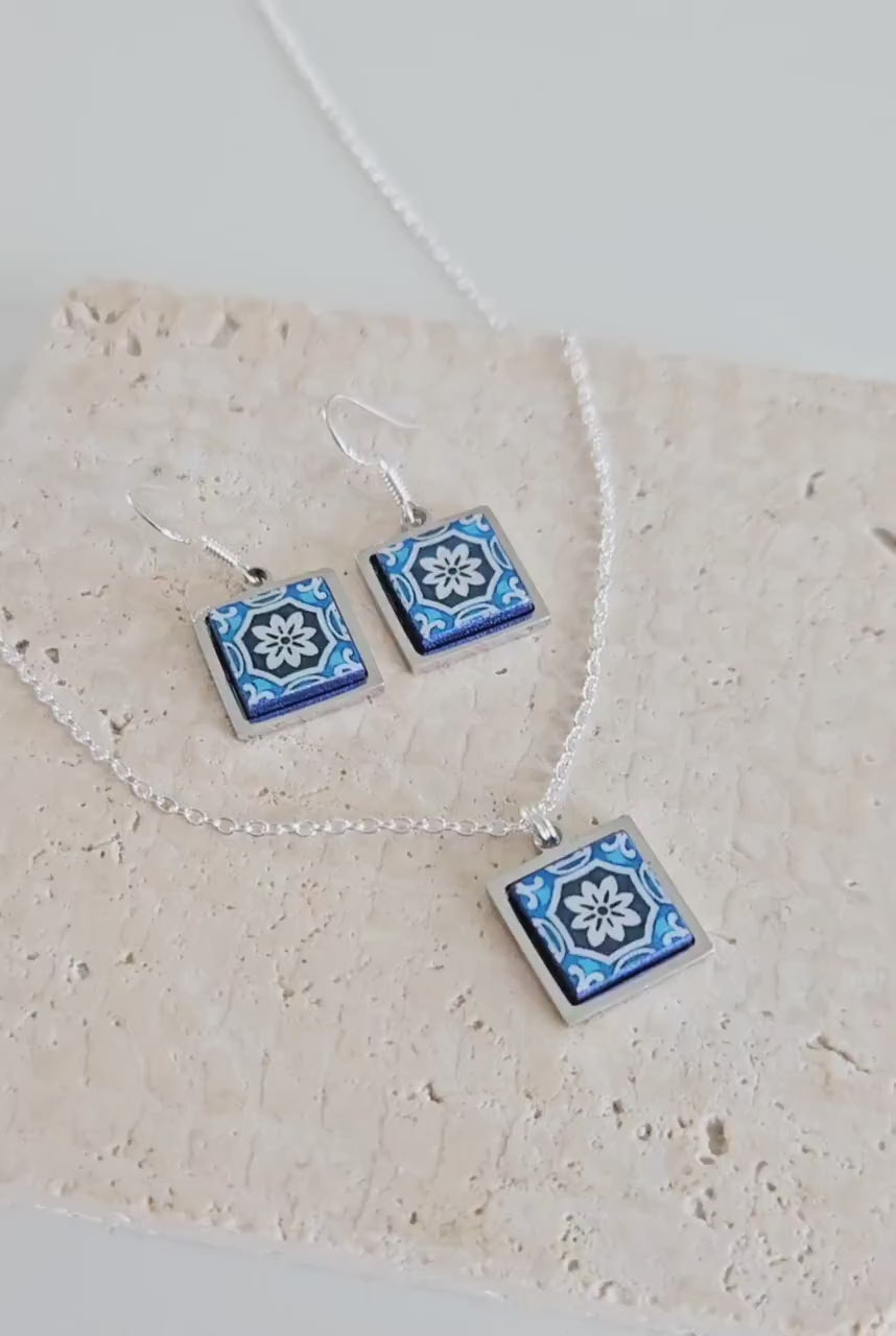 Portugal Azulejo STEEL Jewelry Gift Set Tile Pendant Earring Portuguese Blue Charm Silver Gold Square Necklace Tile Handmade Gift Rose Gold