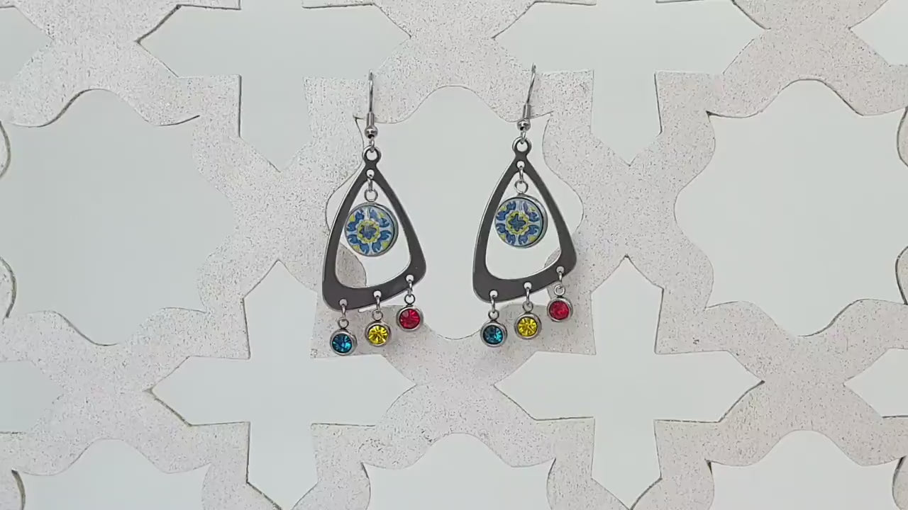 Portugal Tile Earrings Triangle Stainless Steel Teardrop Geometric Earrings Crystals Handmade Round tiles Spanish Tiles Travel Souvenir Gift