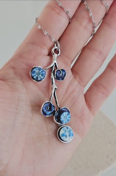 Portugal Antique BLUE Tile SILVER Branch Azulejo Necklace Lariat Tile Pendant Handmade Jewelry Vintage Round Small Tile Necklace Woman  Gift