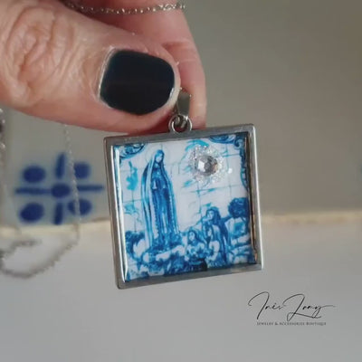 Lady of Fatima Necklace  Religious Portuguese Tile  Christian Jewelry  Catholic Gift  Miraculous Virgin Mary Pendant  Portugal Azulejo
